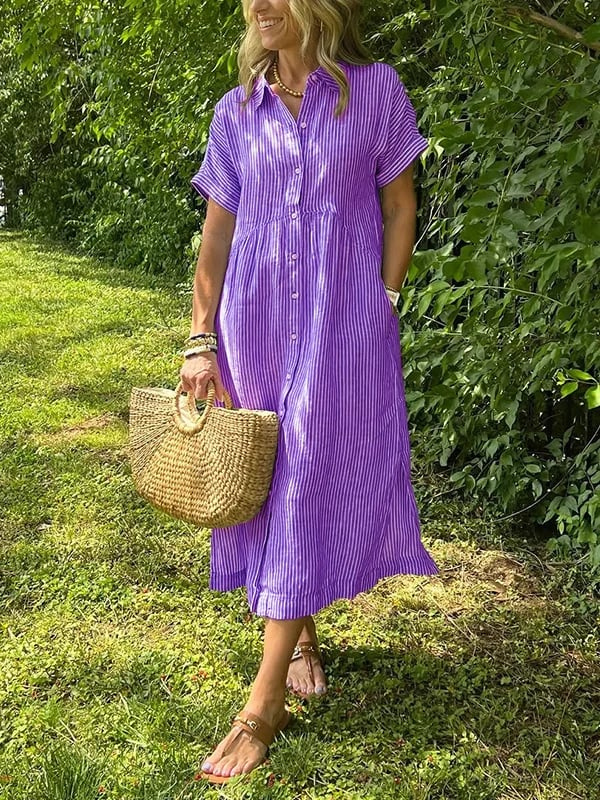 Hadley | Women's Linen Striped Button Down Midi Dress