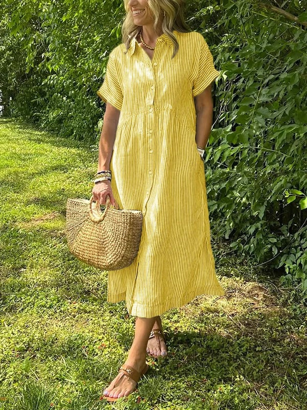 Hadley | Women's Linen Striped Button Down Midi Dress