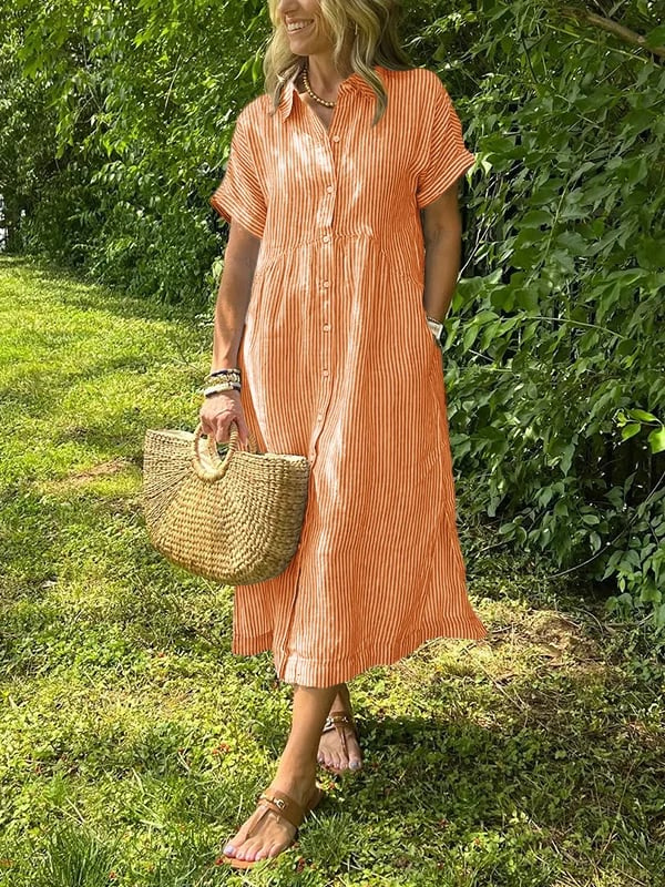 Hadley | Women's Linen Striped Button Down Midi Dress