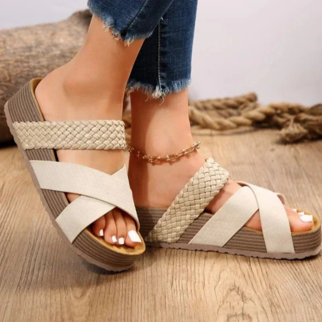 Hana | Women's Leather Woven Crossover Platform Slides