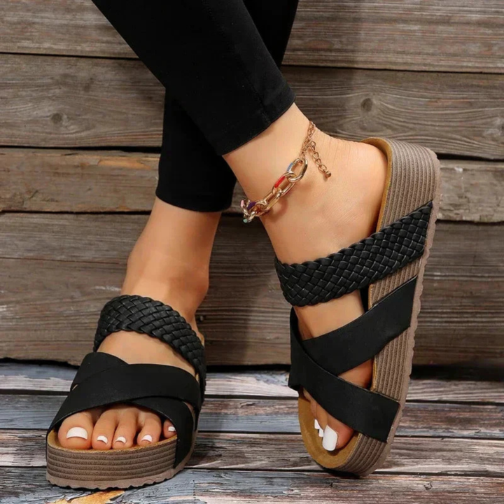 Hana | Women's Leather Woven Crossover Platform Slides
