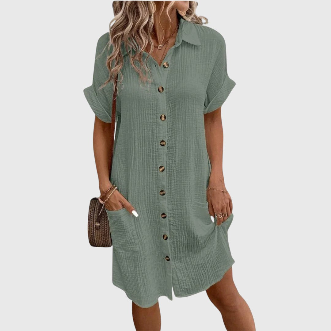 Hana | Women's Linen Button-Down Short-Sleeve Shirt Dress Casual