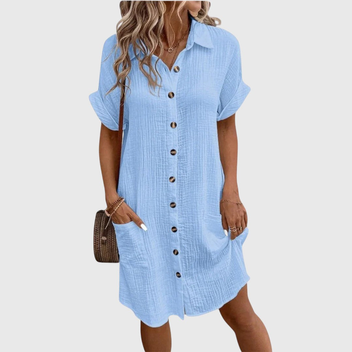 Hana | Women's Linen Button-Down Short-Sleeve Shirt Dress Casual