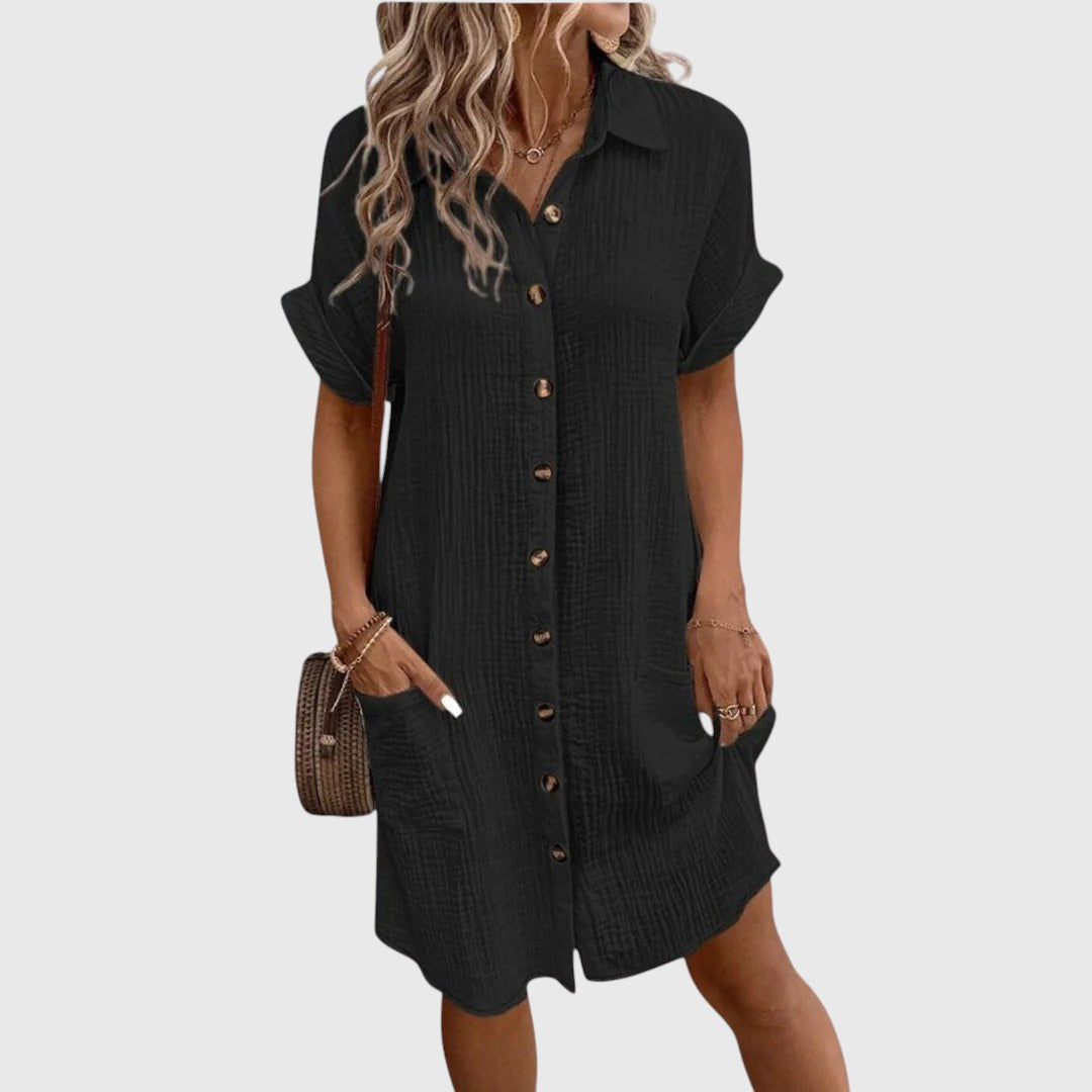 Hana | Women's Linen Button-Down Short-Sleeve Shirt Dress Casual