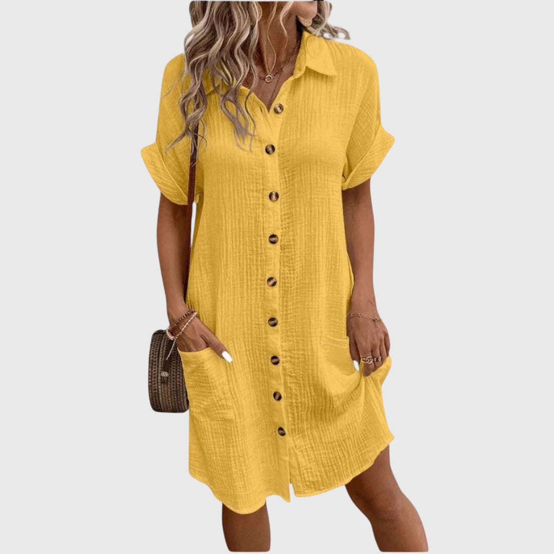 Hana | Women's Linen Button-Down Short-Sleeve Shirt Dress Casual