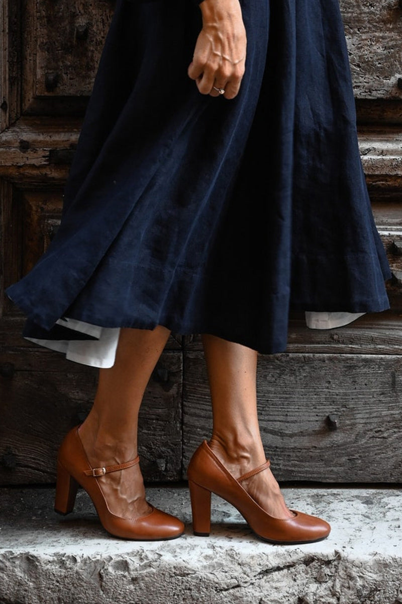 Harlow | Women's Brown Leather Mary Jane Block Heel Pumps