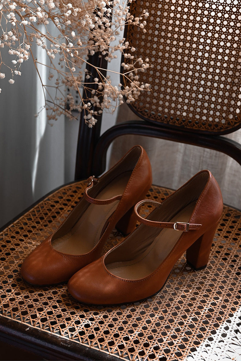Harlow | Women's Brown Leather Mary Jane Block Heel Pumps