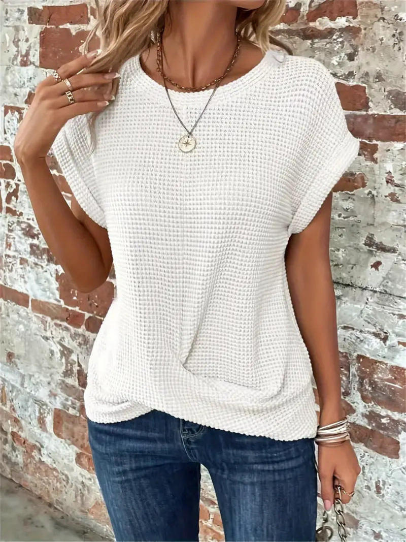 Harlow | Women's Cotton-Blend Waffle Knit Twist-Hem Short Sleeve Top