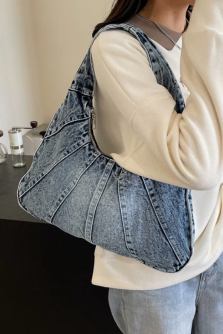 Harlow | Women's Denim Pleated Oversized Hobo Shoulder Bag