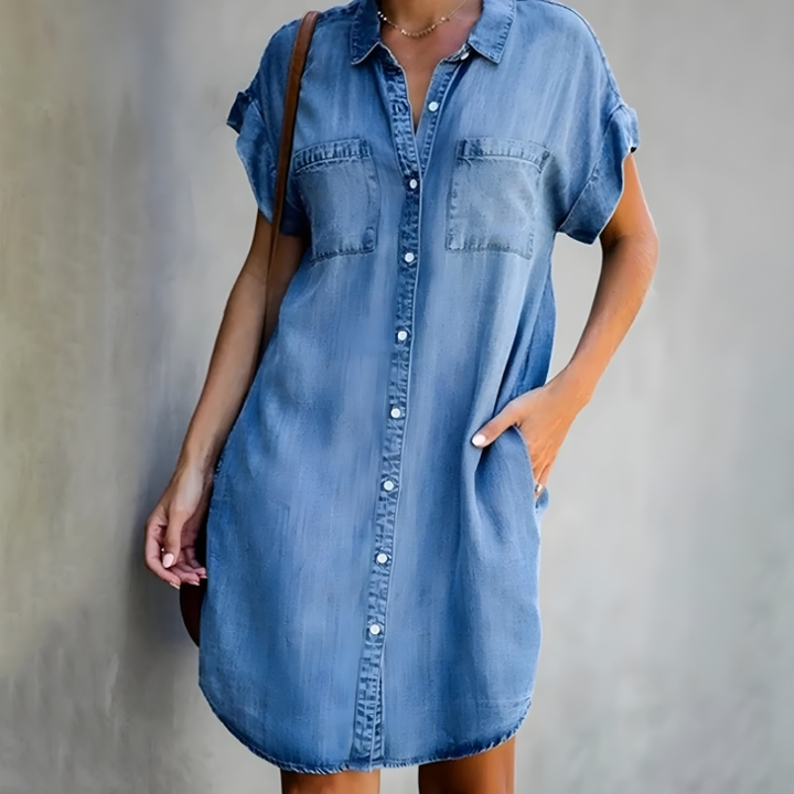 Harlow | Women's Denim Short-Sleeve Button-Up Shirt Dress