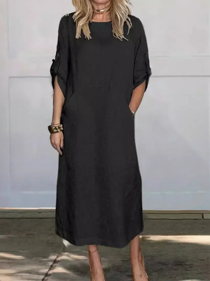 Harlowe | Women's Linen Roll-Sleeve Pocket Midi Dress