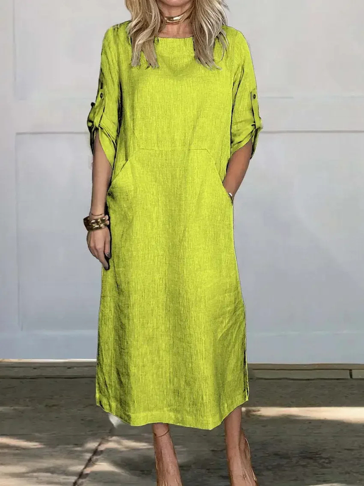Harlowe | Women's Linen Roll-Sleeve Pocket Midi Dress