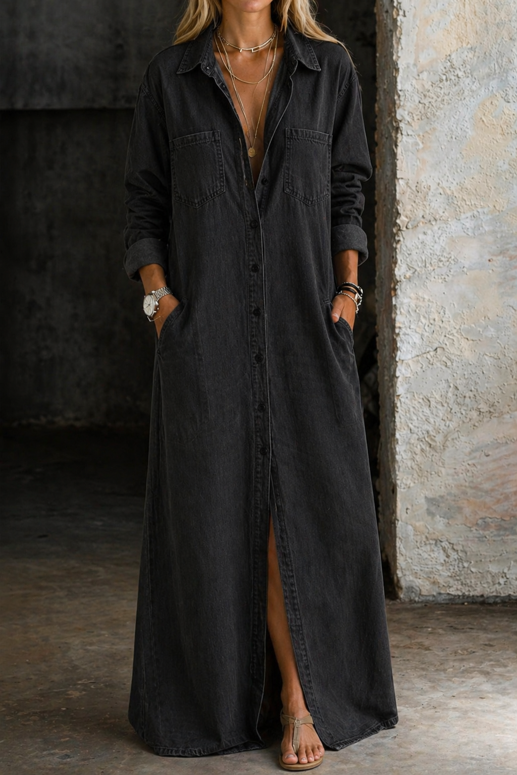 Haven | Women's Denim Button-Down Shirt Maxi Dress