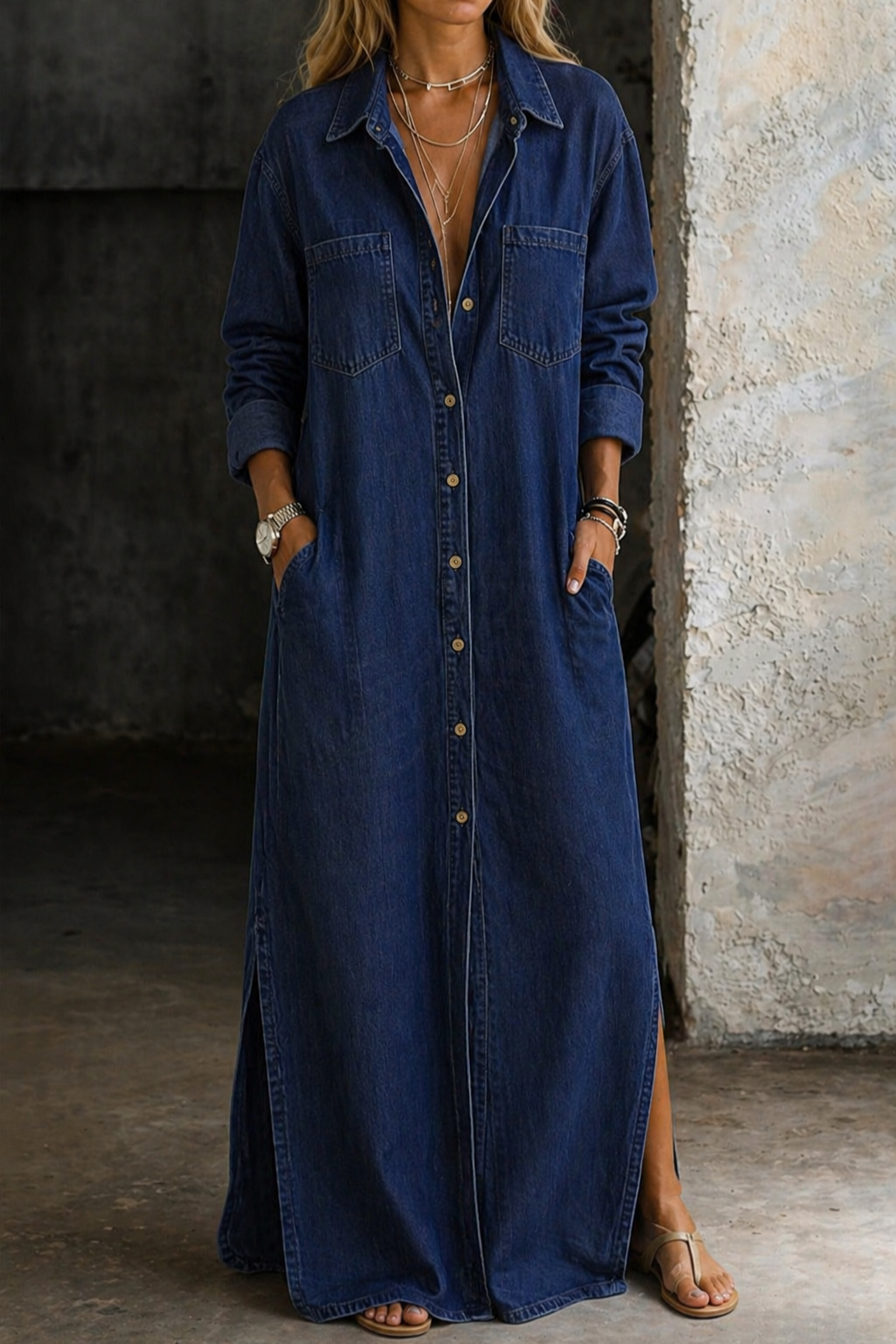 Haven | Women's Denim Button-Down Shirt Maxi Dress