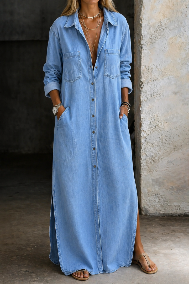 Haven | Women's Denim Button-Down Shirt Maxi Dress