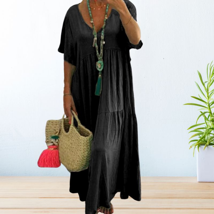Haven | Women's Linen V-Neck Tiered Short-Sleeve Maxi Dress