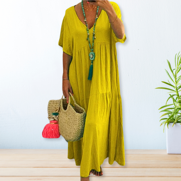 Haven | Women's Linen V-Neck Tiered Short-Sleeve Maxi Dress