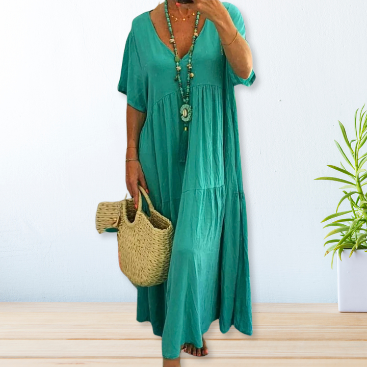 Haven | Women's Linen V-Neck Tiered Short-Sleeve Maxi Dress