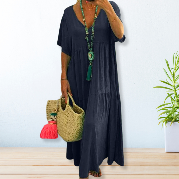 Haven | Women's Linen V-Neck Tiered Short-Sleeve Maxi Dress