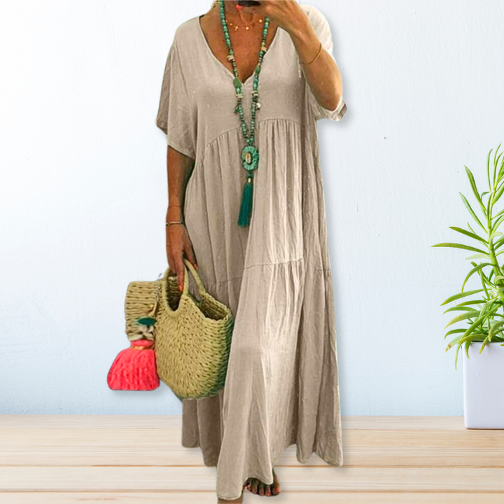 Haven | Women's Linen V-Neck Tiered Short-Sleeve Maxi Dress