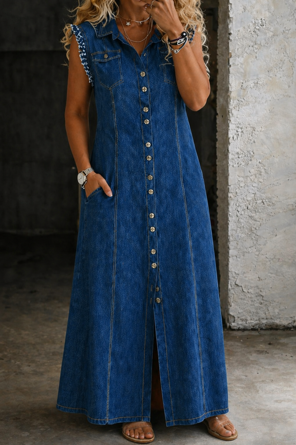 Hollis | Women's Denim Button-Front Ruffle Sleeve Maxi Dress
