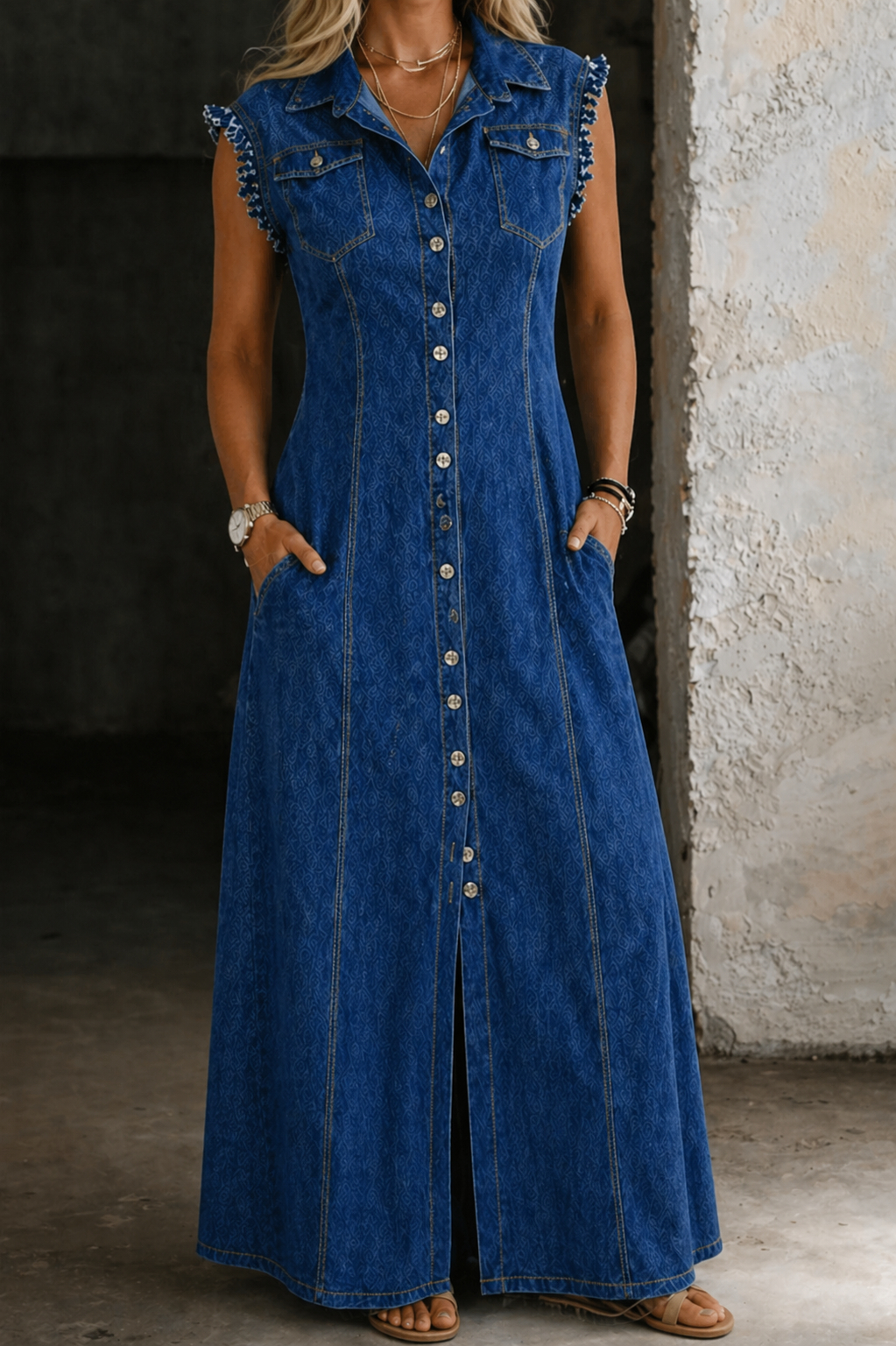 Hollis | Women's Denim Button-Front Ruffle Sleeve Maxi Dress