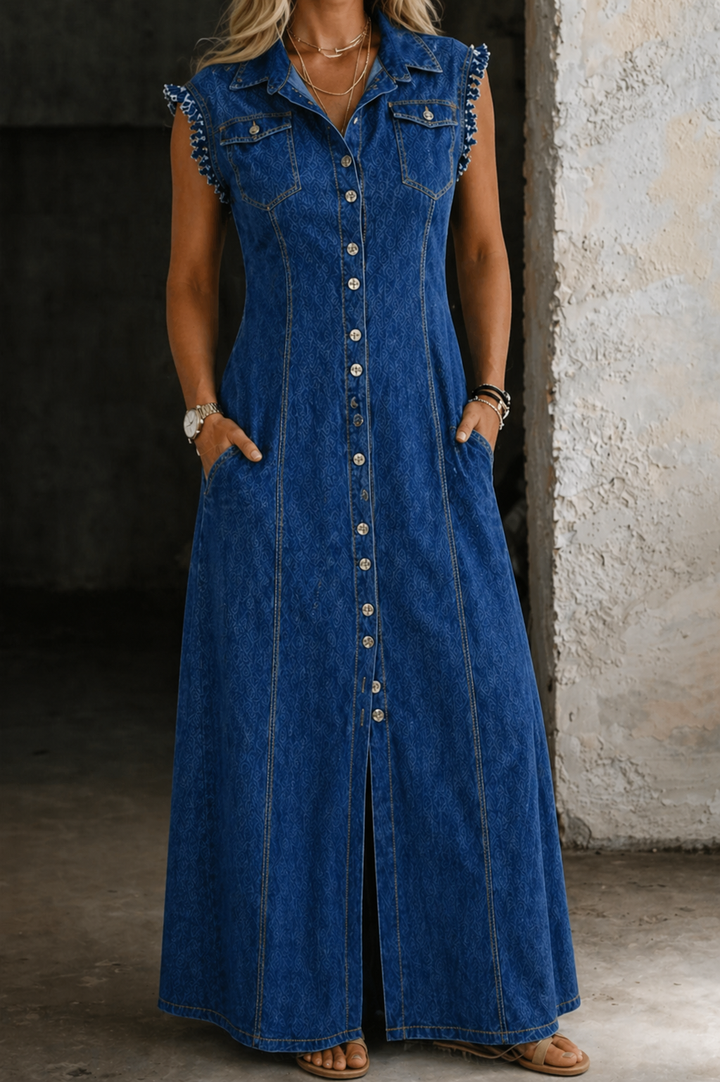 Hollis | Women's Denim Button-Front Ruffle Sleeve Maxi Dress
