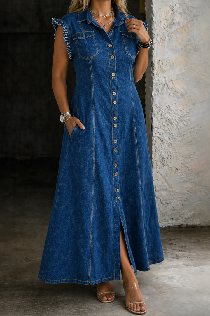 Hollis | Women's Denim Button-Front Ruffle Sleeve Maxi Dress