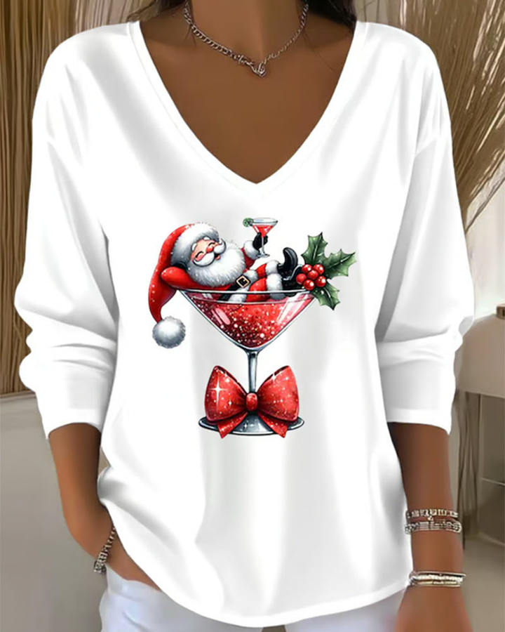 Holly | Women's Cotton Christmas Graphic V-Neck Top