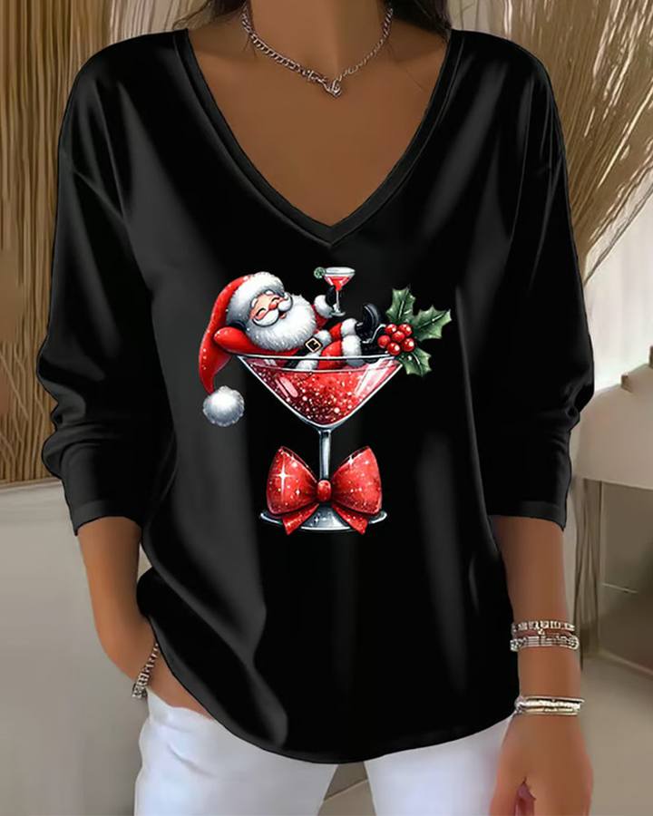 Holly | Women's Cotton Christmas Graphic V-Neck Top