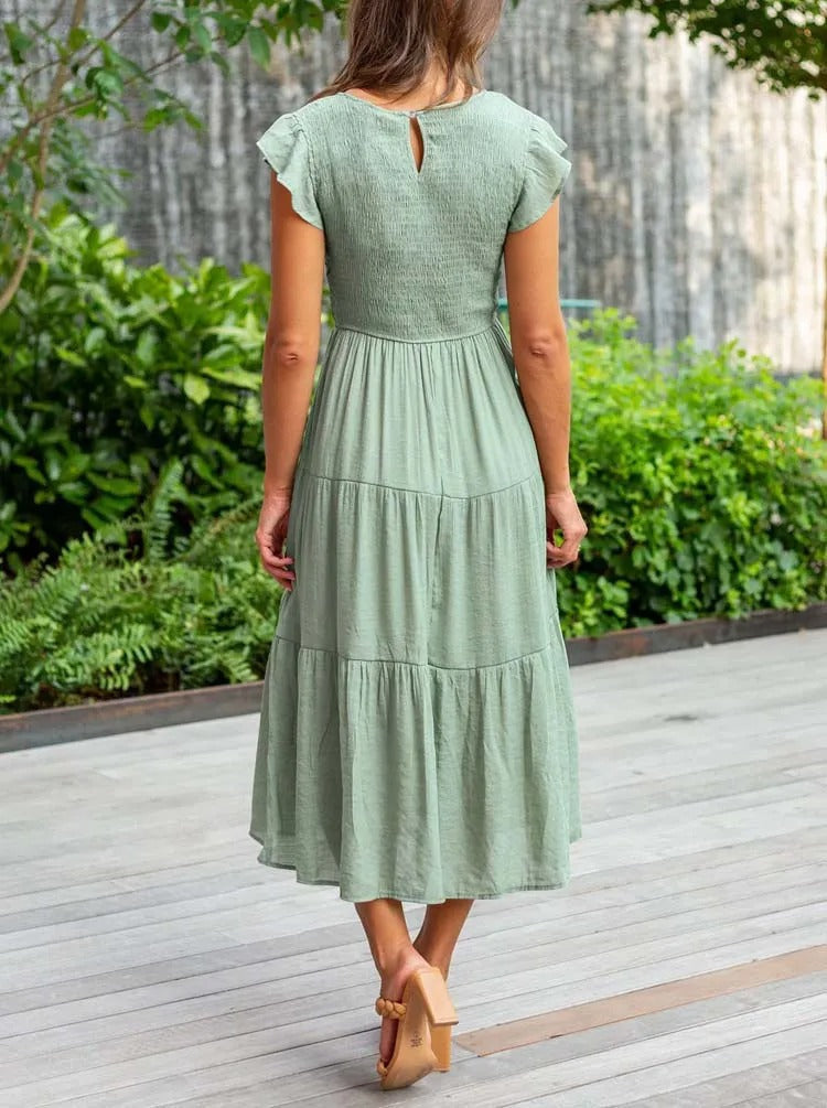 Imara | Women's Cotton Ruffle-Sleeve Smocked Tiered Midi Dress