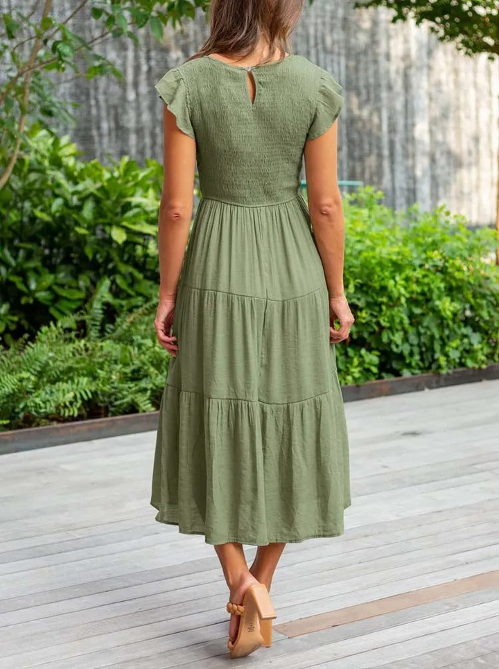 Imara | Women's Cotton Ruffle-Sleeve Smocked Tiered Midi Dress