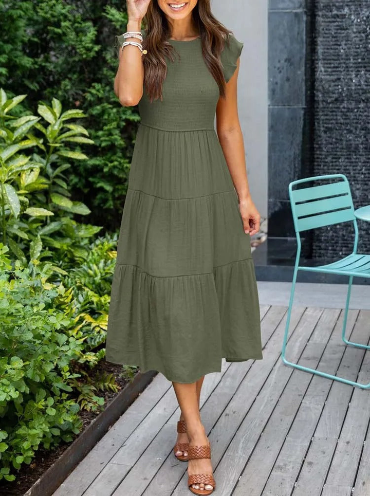 Imara | Women's Cotton Ruffle-Sleeve Smocked Tiered Midi Dress