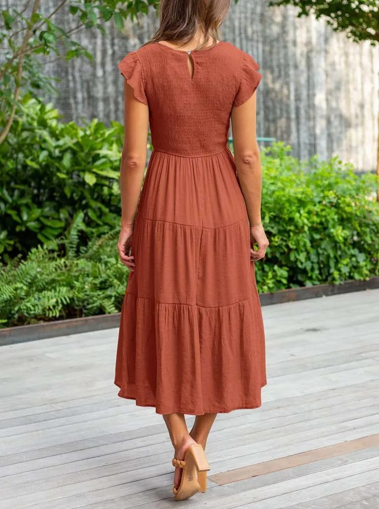 Imara | Women's Cotton Ruffle-Sleeve Smocked Tiered Midi Dress