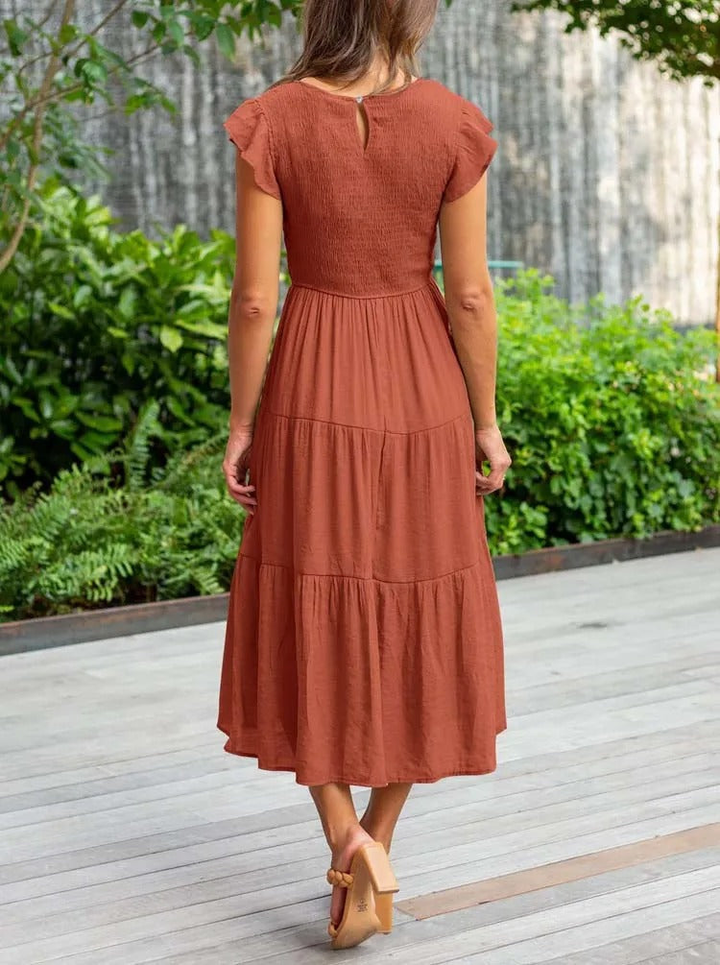 Imara | Women's Cotton Ruffle-Sleeve Smocked Tiered Midi Dress