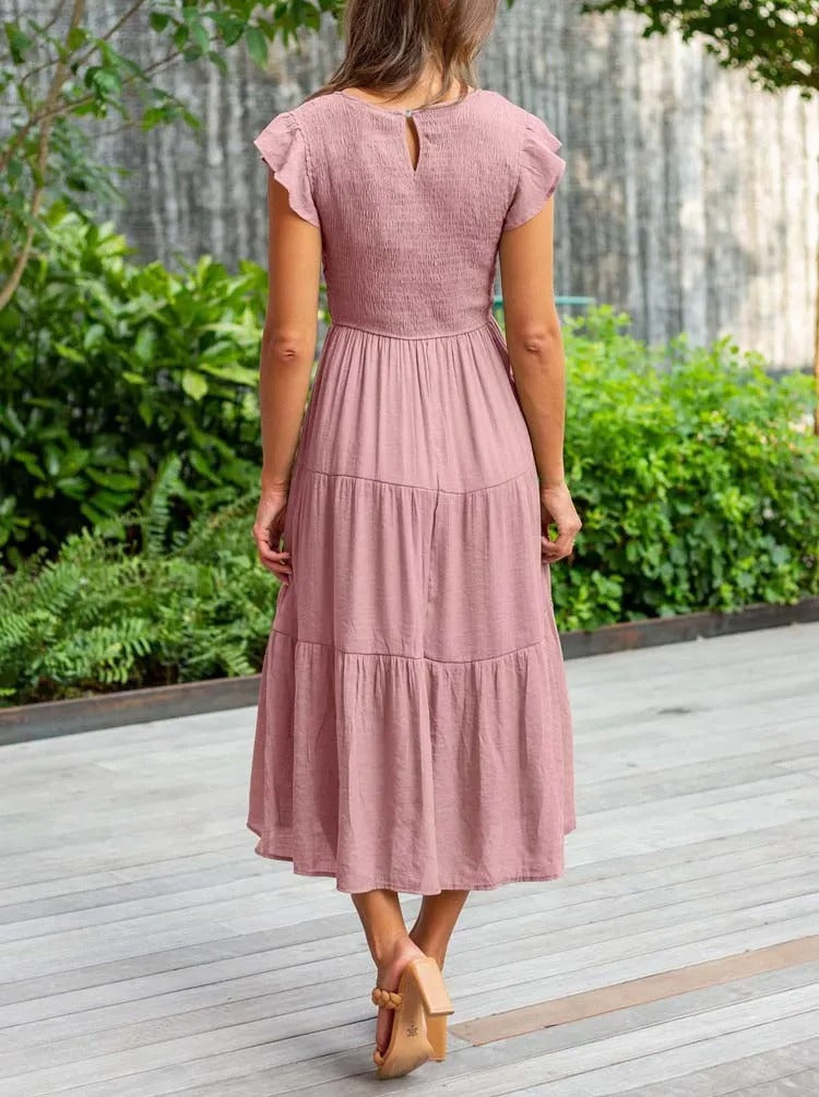 Imara | Women's Cotton Ruffle-Sleeve Smocked Tiered Midi Dress