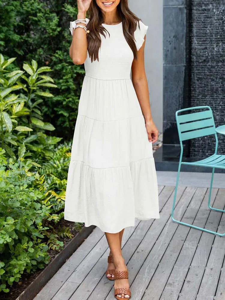 Imara | Women's Cotton Ruffle-Sleeve Smocked Tiered Midi Dress