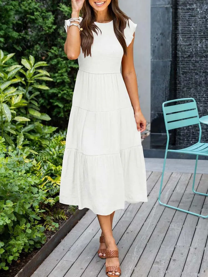 Imara | Women's Cotton Ruffle-Sleeve Smocked Tiered Midi Dress