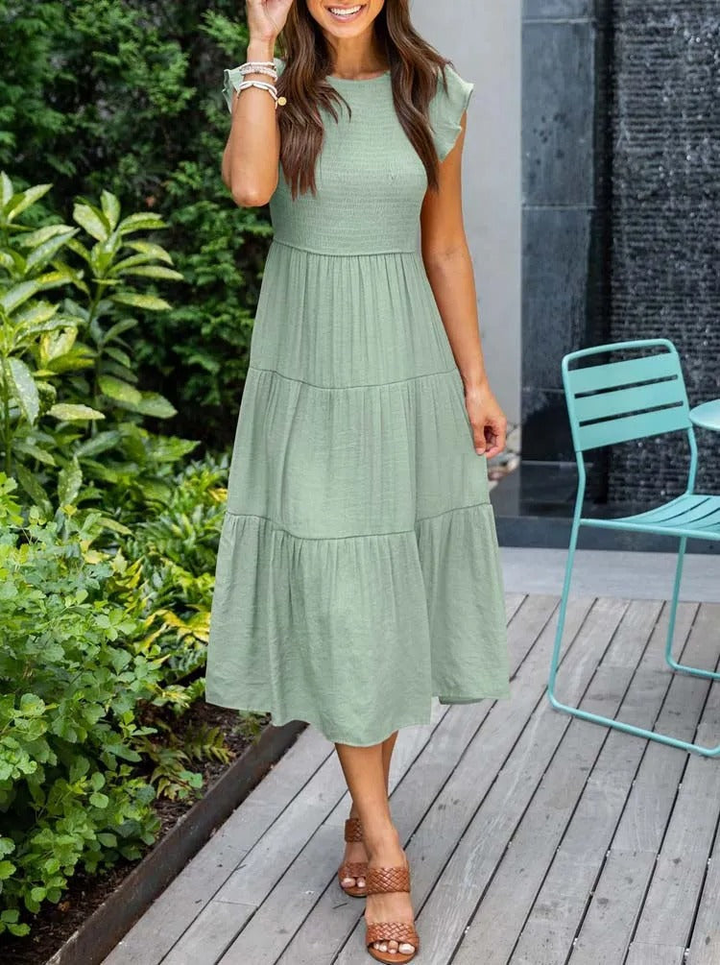 Imara | Women's Cotton Ruffle-Sleeve Smocked Tiered Midi Dress