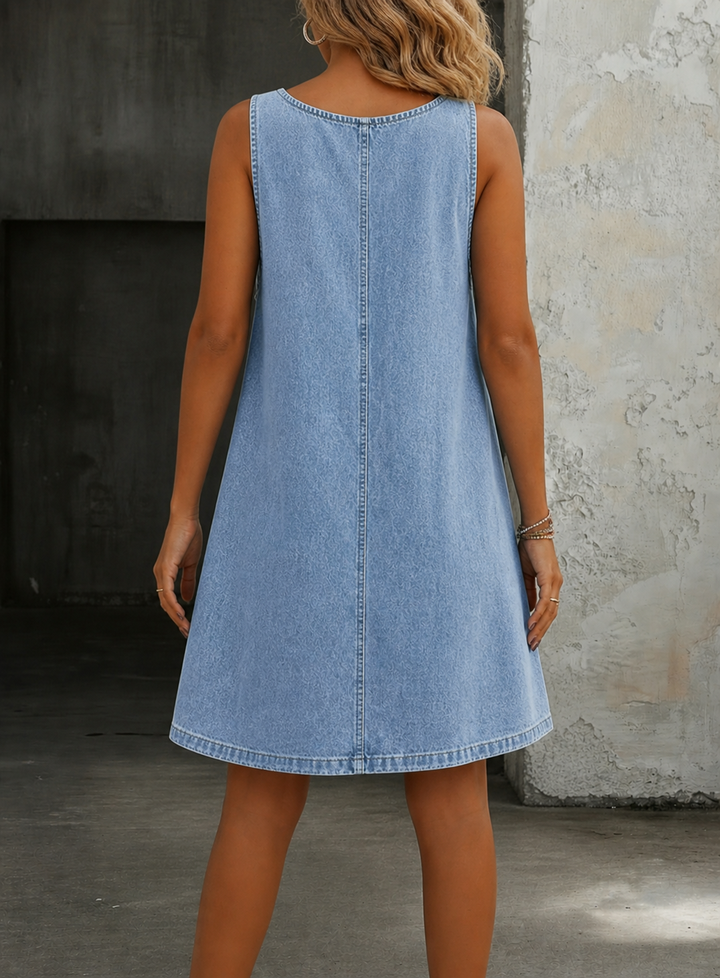 Indie | Women's Denim Pinafore Button-Strap Mini Dress Casual
