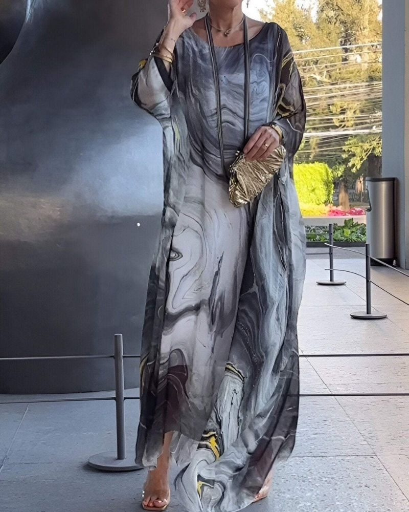 Indira | Women's Chiffon Abstract Print Batwing Sleeve Maxi Dress