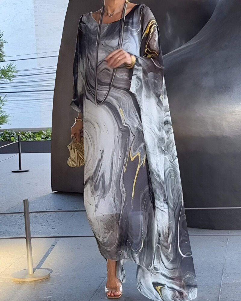 Indira | Women's Chiffon Abstract Print Batwing Sleeve Maxi Dress