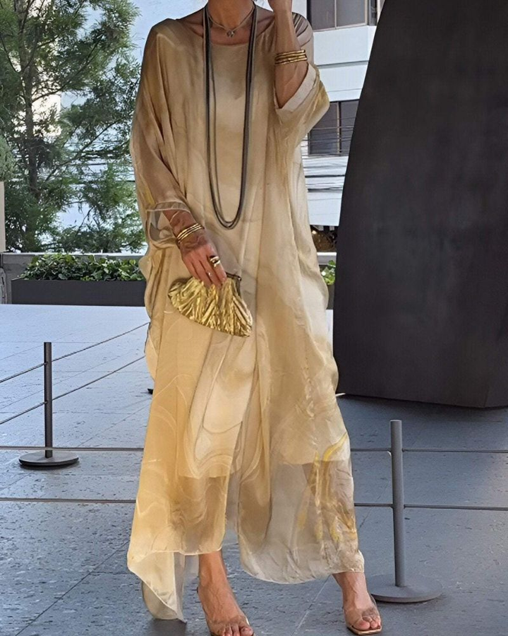 Indira | Women's Chiffon Abstract Print Batwing Sleeve Maxi Dress