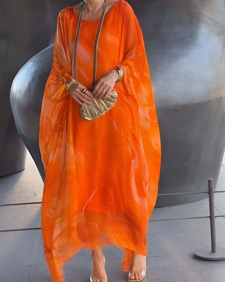 Indira | Women's Chiffon Abstract Print Batwing Sleeve Maxi Dress