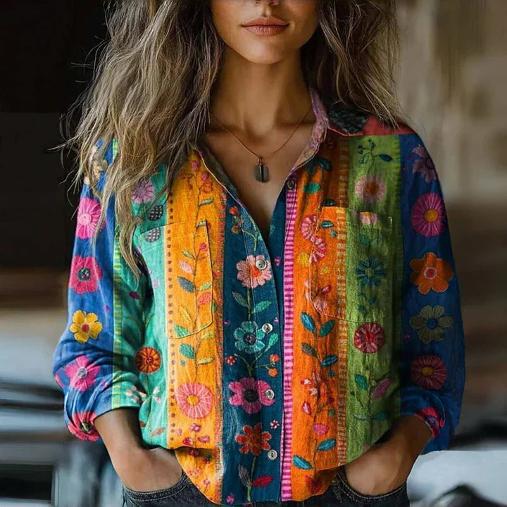 Indira | Women's Cotton Boho Print Relaxed Button-Up Shirt
