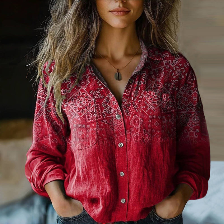 Indira | Women's Cotton Boho Print Relaxed Button-Up Shirt