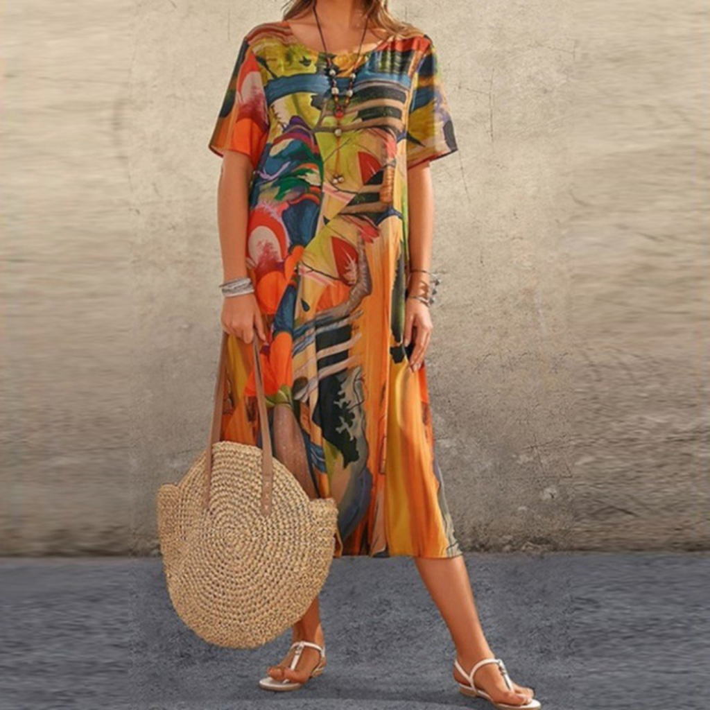 Indira | Women's Cotton Scoop-Neck Relaxed Midi Dress