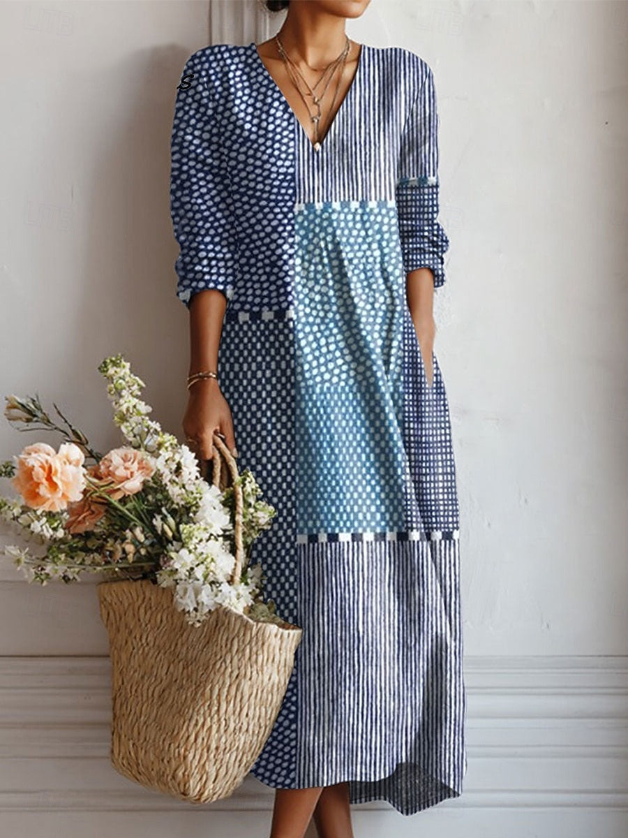 Indira | Women's Cotton V-Neck Patchwork Print Maxi Dress