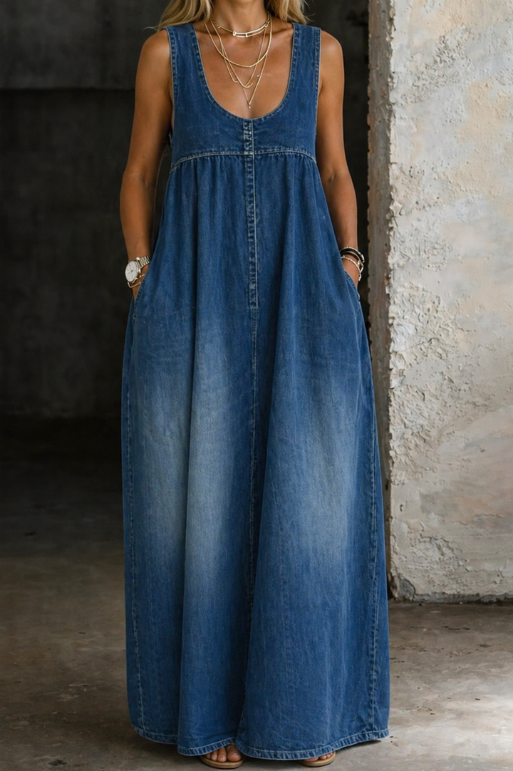 Ines | Women's Denim Sleeveless Scoop-Neck Maxi Pinafore Dress