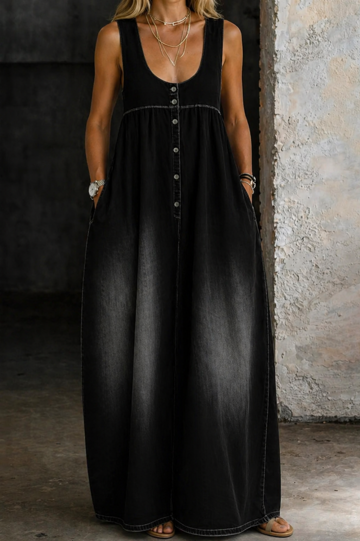 Ines | Women's Denim Sleeveless Scoop-Neck Maxi Pinafore Dress